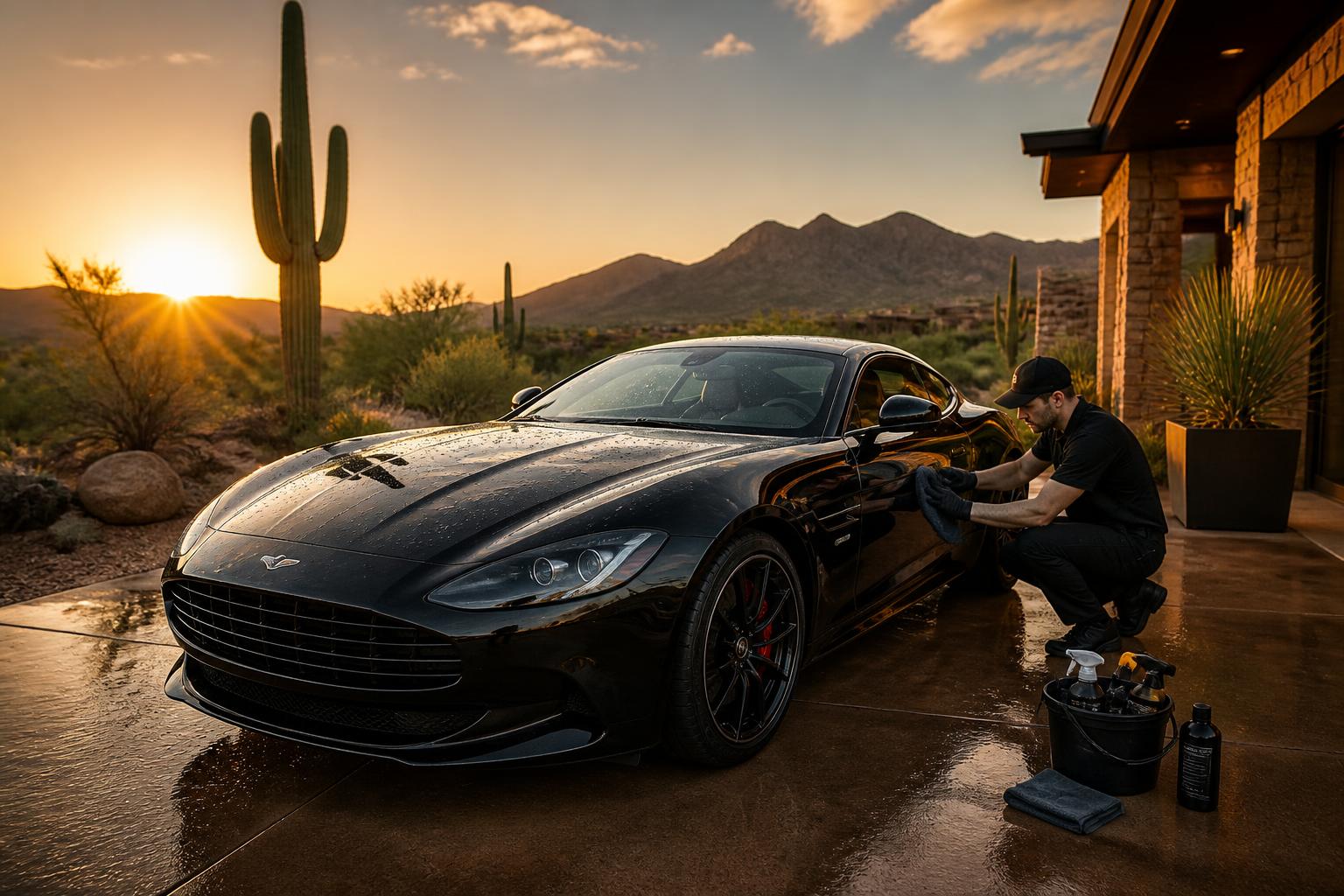 Luxury black sports car detailed in an Arizona desert driveway at sunset